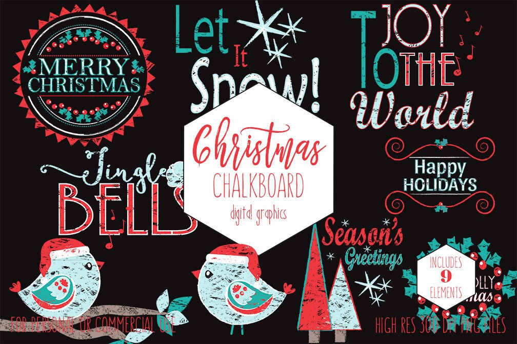 Download Christmas Clipart For Commercial Use Holiday Clip Art Chalkboard Word Art Red Aqua Teal Trees Bird Quotes Digital Graphics Instant Download