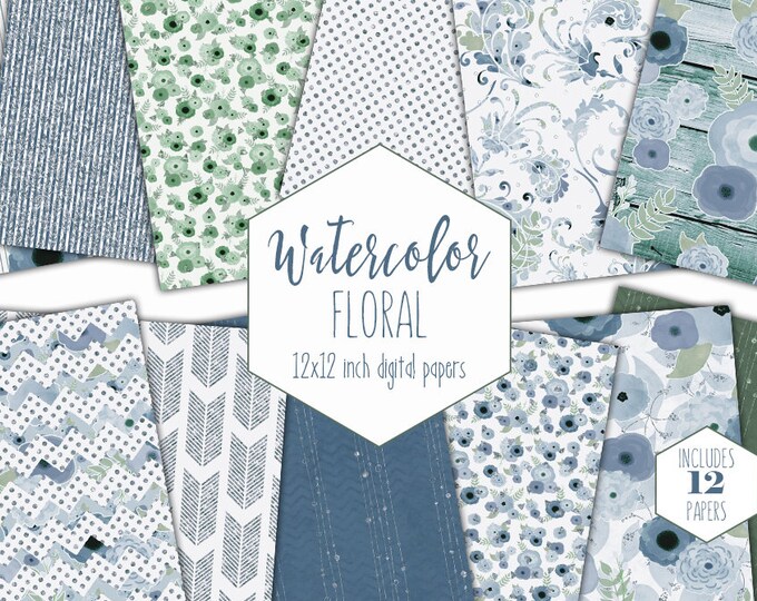 BLUE FLORAL WATERCOLOR Digital Paper Pack Gray & Blue Metallic Commercial Use Backgrounds Scrapbook Papers Boho Wood Arrows Wedding Papers