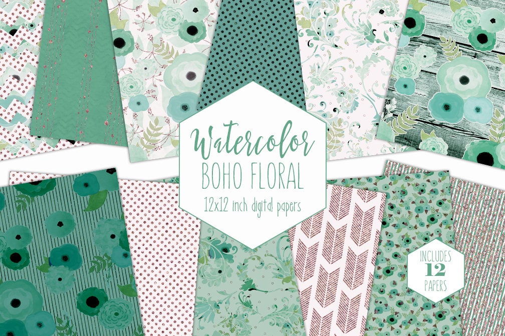 Download TEAL WATERCOLOR FLORAL Digital Paper Pack Aqua Mint & Rose ...