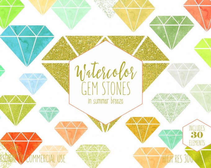 WATERCOLOR GEM Clipart Commercial Use Clip Art Metallic Glitter Gemstone Coral Peach Mint Gold Confetti Triangle Diamond Rhinestone Graphics