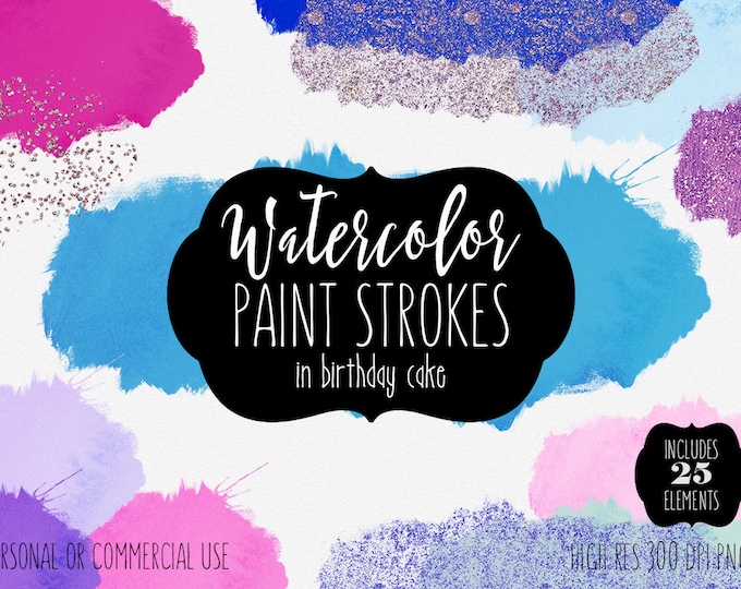 PINK & BLUE WATERCOLOR Brush Strokes Clipart Commercial Use Clip Art 25 Watercolor Paint Washes Metallic Confetti Textures Logo Graphics