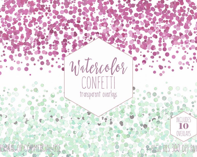 WATERCOLOR CONFETTI BORDER Clipart Commercial Use Clip Art Confetti Dot Transparent Overlay Mint Pink Purple Birthday Party Wedding Graphics