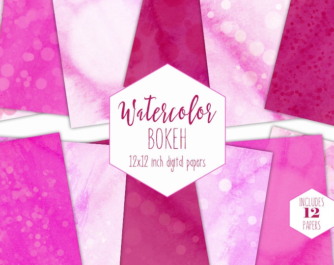 PINK BOKEH WATERCOLOR Digital Paper Pack Commercial Use Hot Pink Dot Backgrounds Blush Baby Scrapbook Papers Polka Dot Watercolour Textures