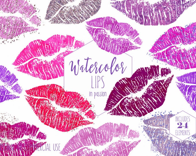 WATERCOLOR LIPS Clipart Commercial Use Clip Art 24 Watercolour Kissing Lip Kisses Pink Purple Confetti Lipstick Kiss Smear Smudge Graphics