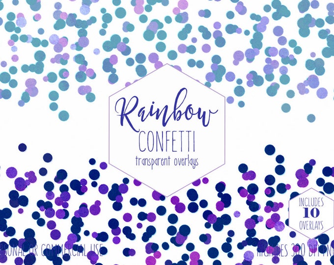 PARTY CONFETTI OVERLAY Clipart for Commercial Use Clip Art Transparent Borders Purple & Blue Birthday Wedding Invitation Digital Graphics