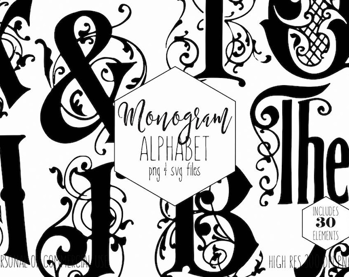 VINE MONOGRAM ALPHABET Clipart for Commercial Use Svg Letters Clip Art Ampersand Vintage Wedding Monogram Fancy Black Digital Font Png