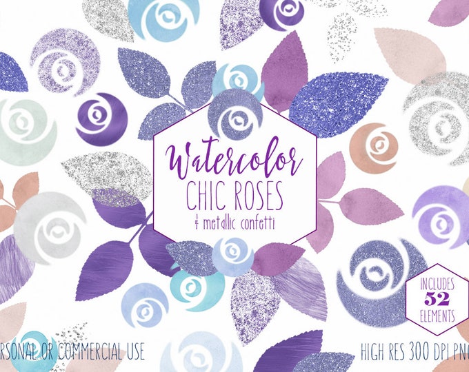 CHIC WATERCOLOR ROSE Clipart Commercial Use Clip Art 52 Watercolor Floral Purple Lavender Blue Confetti Watercolor Flower Wedding Graphics