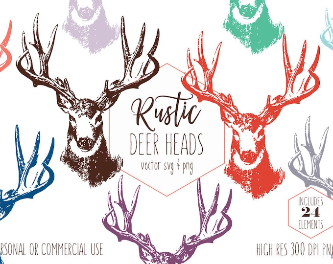 BUCK DEER HEAD Clipart for Commercial Use Rustic Antlers Clip Art Woodland Forest Stag Rainbow Colors Animal Vector Digital Graphics Svg