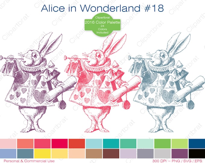 ALICE IN WONDERLAND Clipart Commercial Use Clipart The White Rabbit Graphic 2016 24 Color Palette John Tenniel Sticker Vector Png Eps Svg