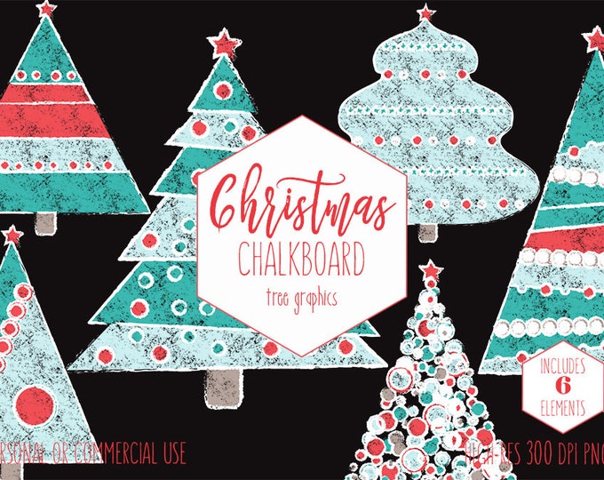 CHRISTMAS TREE Clipart for Commercial Use Chalkboard Holiday Clip Art for Kids Red & Teal Cute Christmas Trees Invitation Digital Graphics