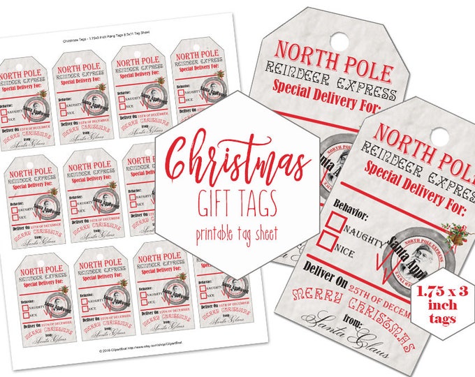 CHRISTMAS GIFT TAGS Printable Christmas Tag Sheet From Santa Claus North Pole Reindeer Express Holiday Labels Naughty or Nice Vintage Tags