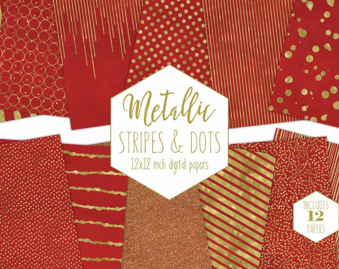 RED & GOLD FOIL Digital Paper Pack Stripe Backgrounds Metallic Confetti Scrapbook Paper Polka Dot Christmas Patterns Party Printable Clipart