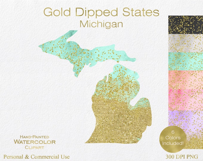 WATERCOLOR & GOLD MICHIGAN Clipart Commercial Use Clipart United States Shape Wedding Clipart Gold Confetti Dust Michigan Clip Art Graphics