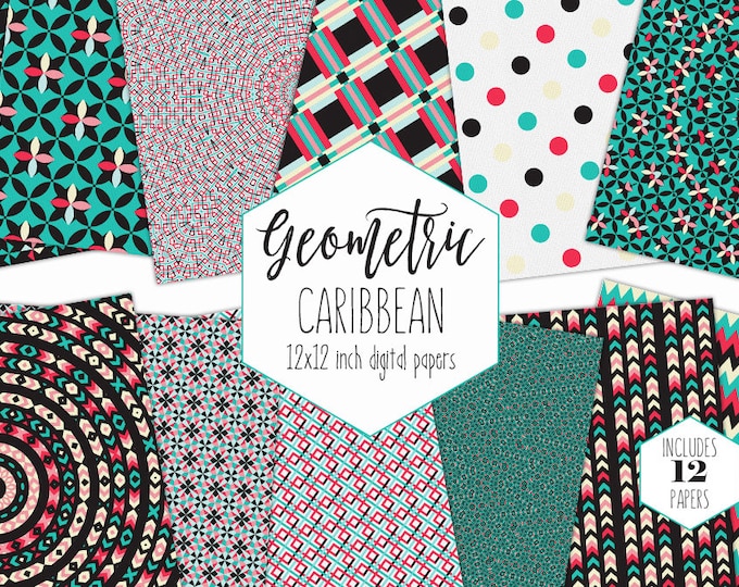 BLACK & TEAL Digital Paper Pack Bohemian Backgrounds Arrow Plaid Dot Scrapbook Papers Boho Tribal Patterns Party Printable Coral Clipart