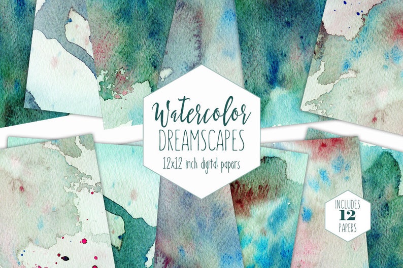 TEAL WATERCOLOR SPLATTER Digital Paper Pack Commercial Use Backgrounds Aqua Blue Mint Green Scrapbook Papers Real Watercolour Wash Textures