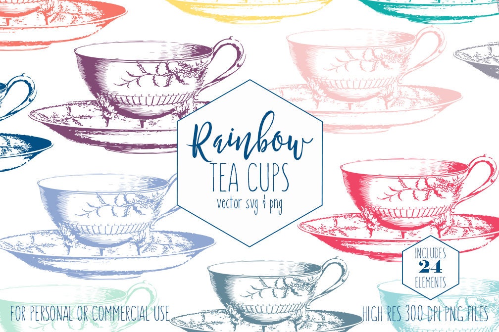 Tea Cup Clipart For Commercial Use Planner Clip Art Rainbow Colors Tea Party Images Vintage Teacup Saucer Vector Digital Graphics For Kids