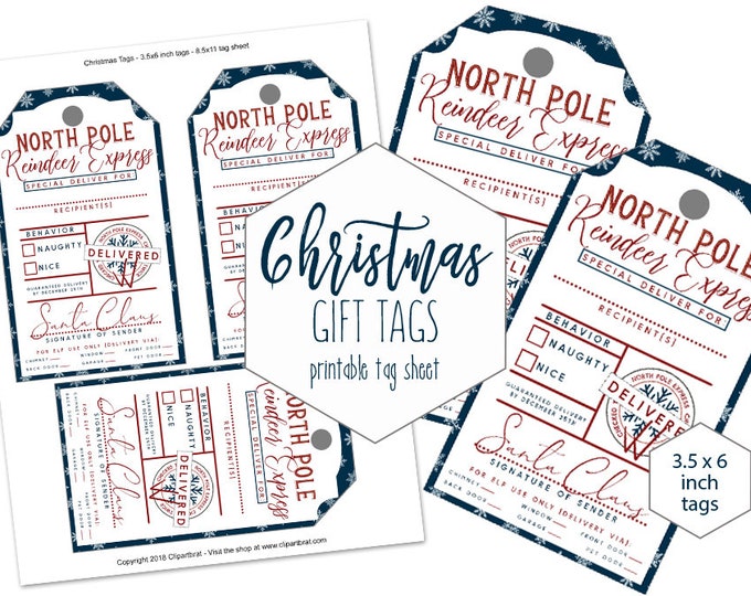 FROM SANTA Claus Christmas Gift Tags Printable Navy Blue Snowflakes DIY Naughty or Nice Holiday Reindeer Express Special Delivery for Kids