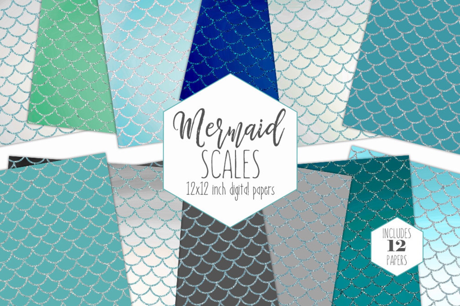 Download GLITTER MERMAID SCALES Digital Paper Pack ocean Blue | Etsy