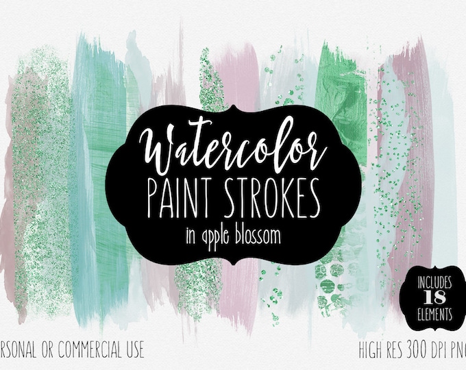 MODERN WATERCOLOR BRUSH Strokes Clipart Commercial Use Clip Art Watercolor Paint Strokes Blush Pink Mint & Kelly Green Confetti Logo Graphic
