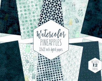 NAVY BLUE PINEAPPLE Digital Paper Pack Commercial Use Teal Backgrounds Geometric Clipart Scrapbook Papers Tropical Beach Watercolor Patterns