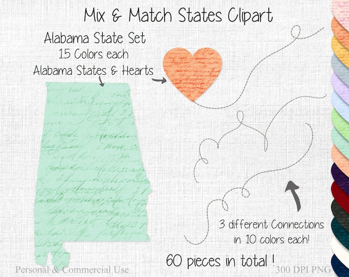 ALABAMA STATE to STATE Clipart Commercial Use Clipart Mix & Match States Wedding Clipart Alabama Map Graphic 2 States Connected Clipart