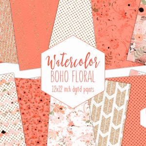 PEACH WATERCOLOR FLORAL Digital Paper Pack Commercial Use Peony Flower Backgrounds Metallic Gold Scrapbook Paper Black White Stripe Patterns