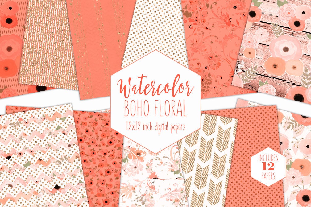 Download PEACH WATERCOLOR FLORAL Digital Paper Pack Commercial Use ...