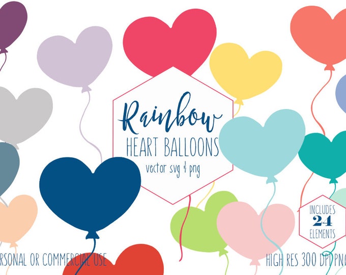 HEART BALLOON CLIPART for Commercial Use Planner Sticker Clip Art Fun Rainbow Birthday Party Balloon Digital Graphics for Kids Balloon Svg