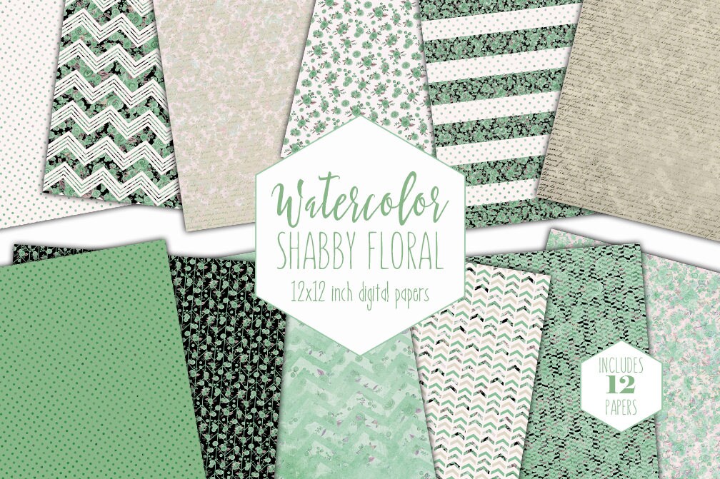 Mint Green Floral Digital Paper Pack Commercial Use