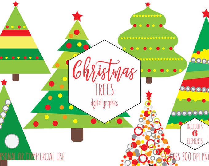 CHRISTMAS TREE Clipart for Commercial Use Cute Holiday Clip Art for Planner Stickers Red & Green Ornaments Tree Invitation Digital Graphics
