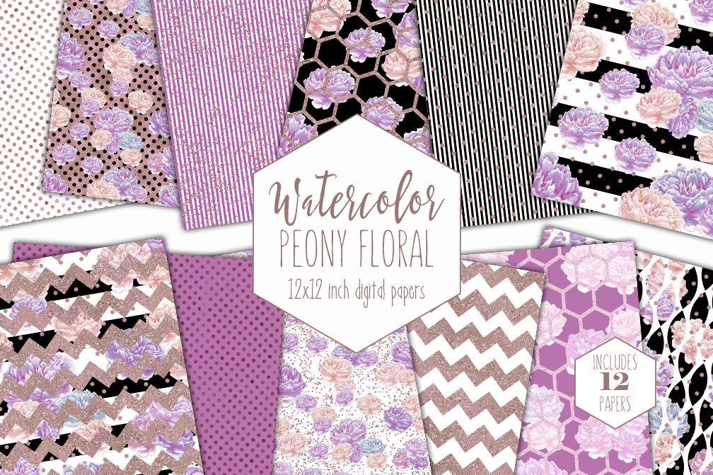 Purple Digital Paper, Floral Scrapbook Paper Pack, Rose Digital