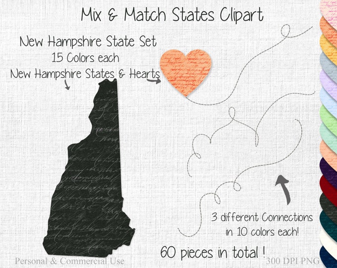 STATE to STATE New Hampshire Wedding Clipart Commercial Use Clipart Mix & Match State New Hampshire Clipart Map Graphic Two State Heart Maps