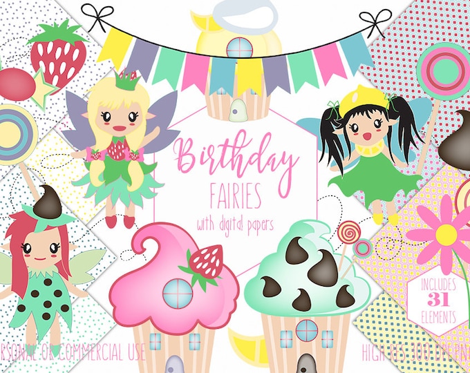 BIRTHDAY CUPCAKE Clipart for Commercial Use Fairy Clip Art Little Girls Bunting Banner Candy Cupcakes Treats Digital Papers Vector Graphics