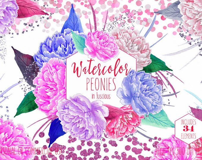 WATERCOLOR PEONY Clipart Commercial Use Clip Art Pink & Purple Peonies Clipart Pink Metallic Confetti Watercolour Floral Wedding Graphics