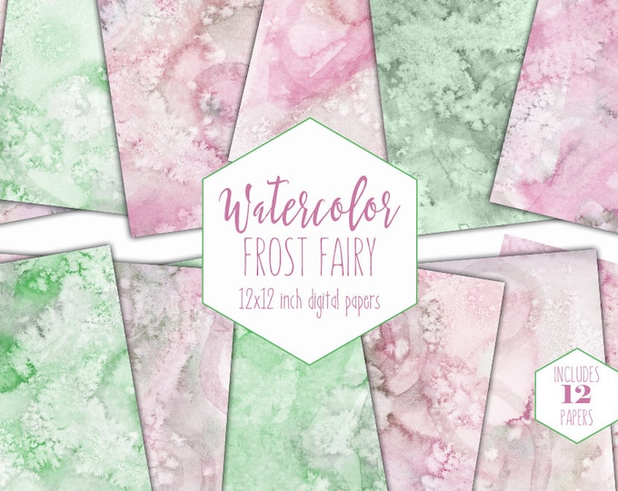 PINK & SPRING GREEN Watercolor Digital Paper Pack Commercial Use Backgrounds Scrapbook Papers Frost Fairy Blush Pink Hand Painted Watercolor