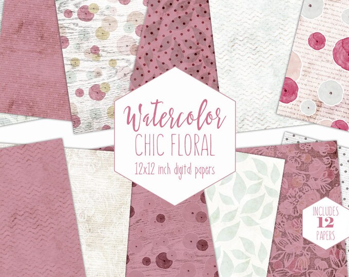 SHABBY CHIC PINK Digital Paper Pack Commercial Use Floral Backgrounds Mauve Flower Digital Papers Romantic Ivory Wood Lace Dot Patterns
