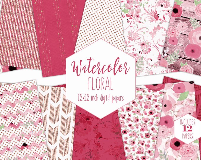 PINK WATERCOLOR FLORAL Digital Paper Pack Commercial Use Backgrounds Wood Flowers Scrapbook Patterns Bohemian Boho Wedding Digital Papers
