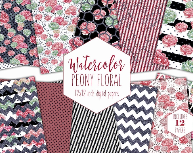 MARSALA WATERCOLOR FLORAL Digital Paper Pack Commercial Use Peony Backgrounds Peonies Scrapbook Paper Stripe Dot Shabby Chic Flower Patterns