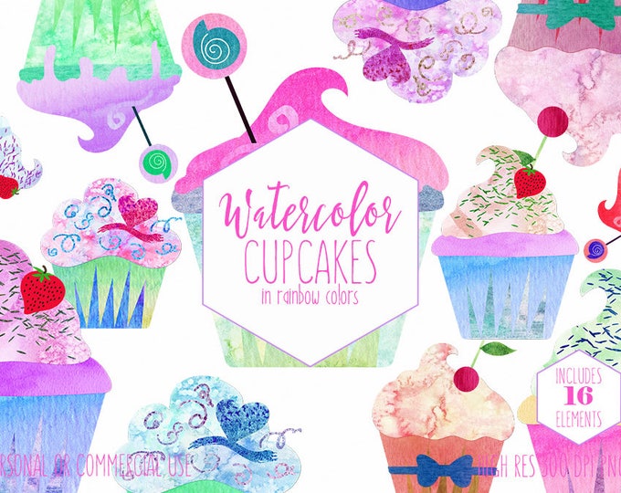 CUTE WATERCOLOR CUPCAKE Clipart Commercial Use Clip Art Watercolour Cupcakes Birthday Party Clipart Fun Desserts Planner Sticker Graphics