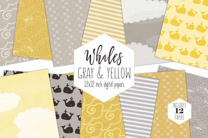 YELLOW /& GRAY WHALE Digital Paper Pack baby Boy Backgrounds Nautical Ocean Scrapbook Papers Beach Patterns Birthday Party Printable Clipart