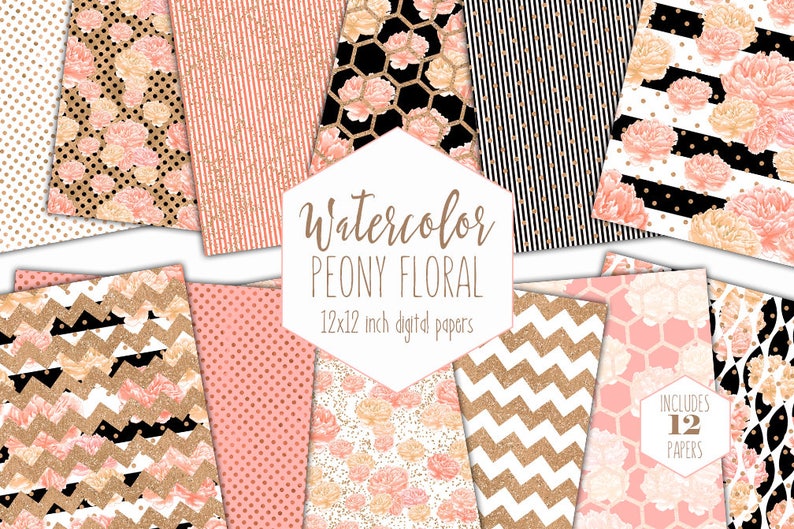 PEACH WATERCOLOR FLORAL Digital Paper Pack Commercial Use Peony Flower Backgrounds Metallic Gold Scrapbook Paper Black White Stripe Patterns