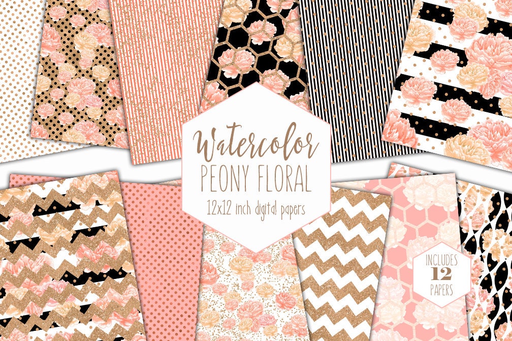 PEACH WATERCOLOR FLORAL Digital Paper Pack Commercial Use Peony Flower Backgrounds Metallic Gold Scrapbook Paper Black White Stripe Patterns
