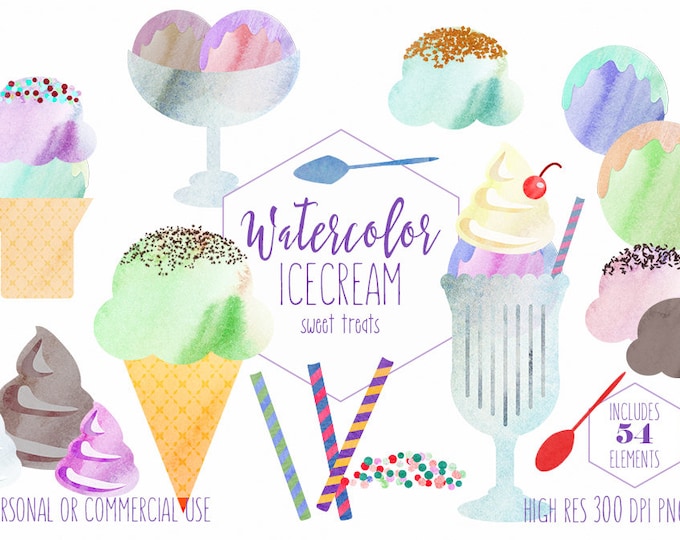 WATERCOLOR ICECREAM Clipart Commercial Use Ice Cream Clip Art Cute Icecream Treats Summer Clipart Sundaes Cones Sprinkles Toppings Graphics