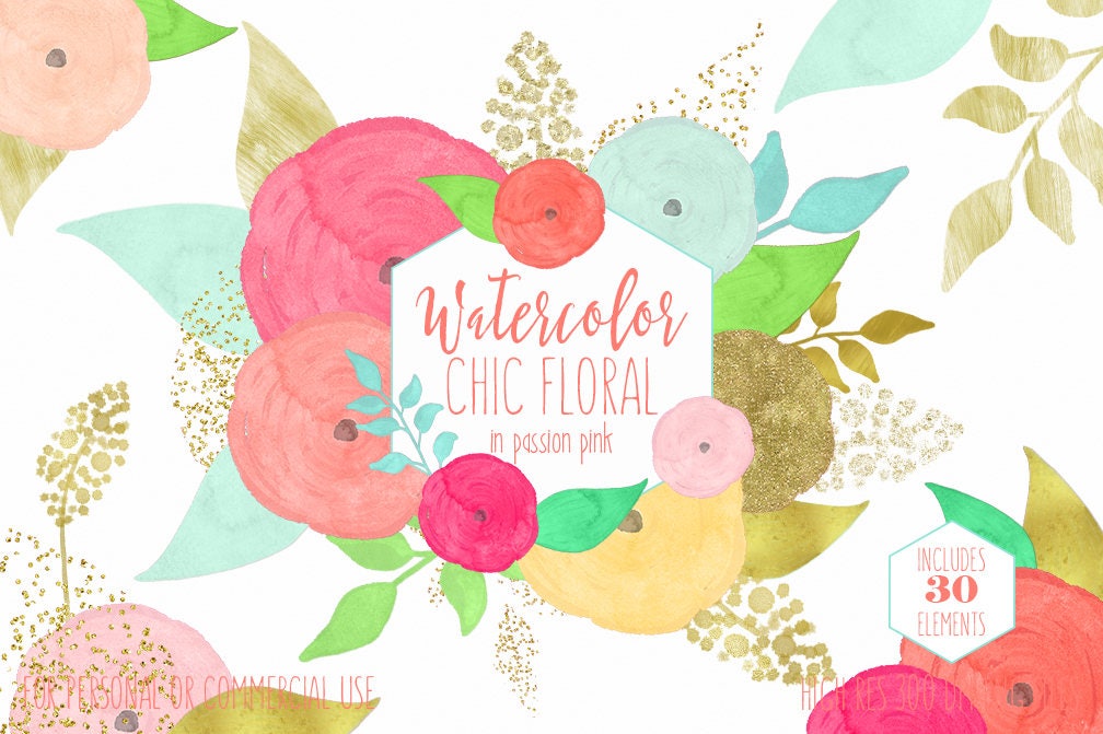 Download Peach Mint Watercolor Floral Clipart Commercial Use Clipart 30 Coral Watercolor Flowers And Gold Confetti Watercolor Roses Floral Graphics