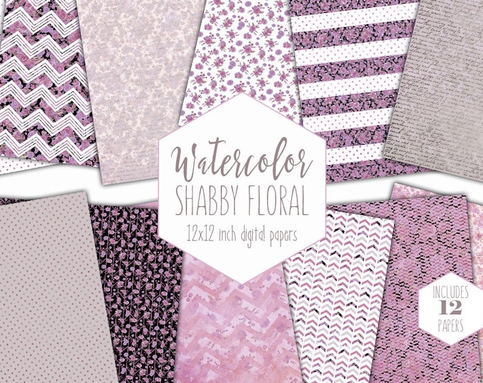 MAUVE PINK FLORAL Digital Paper Pack Commercial Use Gray Watercolor Backgrounds Shabby Chic Handwriting Scrapbook Papers Chevron Patterns