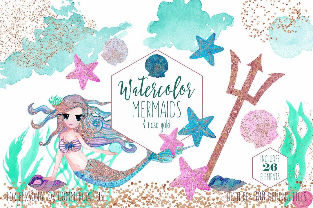 WATERCOLOR MERMAIDS Clipart Commercial Use Clip Art 26 Elements Aqua ...