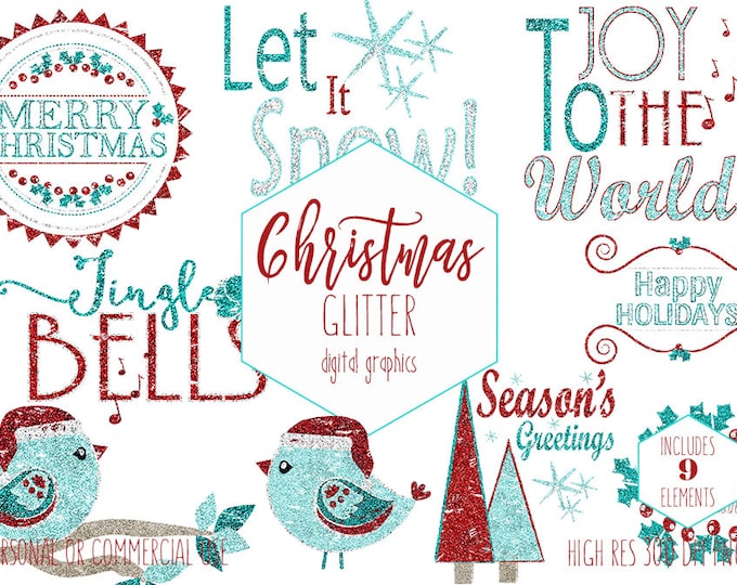 CHRISTMAS CLIPART Commercial Use Red Teal Glitter Holiday Clip Art Christmas Word Art Trees Bird Quotes Holiday Typography Digital Graphics
