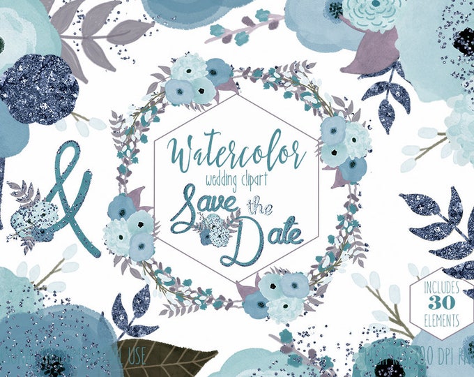 BLUE FLORAL WEDDING Clipart Commercial Use Clip Art Aqua Metallic Confetti Leaves Vines Flower Wreaths Save the Date Invitation Graphics