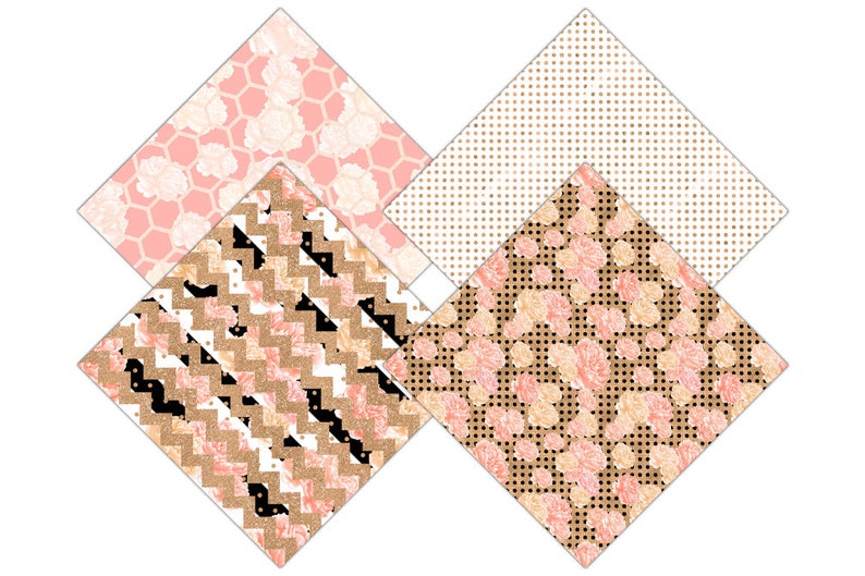 PEACH WATERCOLOR FLORAL Digital Paper Pack Commercial Use Peony Flower Backgrounds Metallic Gold Scrapbook Paper Black White Stripe Patterns