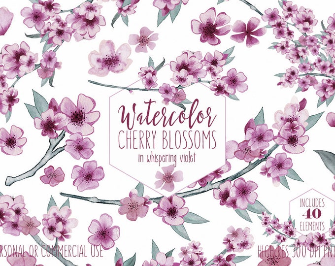 CHERRY BLOSSOM FLORAL Clipart Commercial Use Clip Art Violet Light Purple Watercolor Sakura Branches Flower Wreath Elegant Wedding Graphics